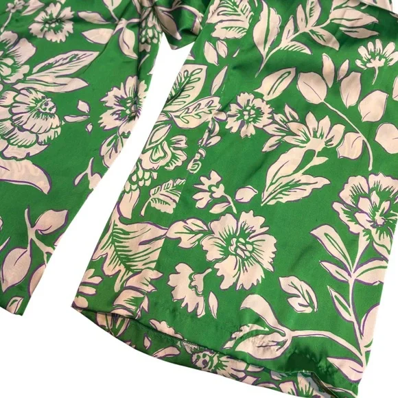 Zara green cream floral satiny jumpsuit V-neckline knot detail waist cut-outs - Picture 2 of 11